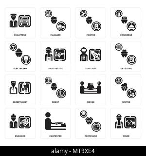 Set Of 16 simple editable icons such as Miner, Professor, carpenter, Engineer, Writer, Chauffeur, Electrician, Receptionist, Spaceman can be used for  Stock Vector