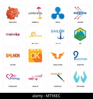 Set Of 16 simple editable icons such as two hands, strike out, make up, cardiology, question, bear head, , salmon, sailor can be used for mobile, web  Stock Vector