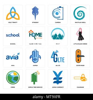 Set Of 16 simple editable icons such as chainsaw, japan currency, tree service, creek, door knob, holy trinity, school, avia, mont can be used for mob Stock Vector