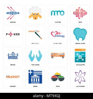 Set Of 16 simple editable icons such as lily flower, spice, greek, headset, calculator, rowing, , bridge, cardiology can be used for mobile, web UI Stock Vector