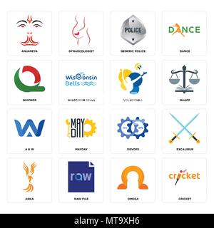 Set Of 16 simple editable icons such as cricket, omega, raw file, anka, excalibur, anjaneya, quiznos, a & w, volleyball can be used for mobile, web UI Stock Vector