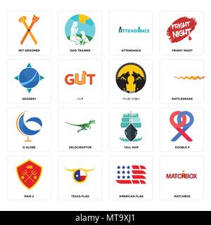 Set Of 16 simple editable icons such as matchbox, american flag, texas man u, double p, pet groomer, geodesy, g globe, pack wolf can be used for mobil Stock Vector