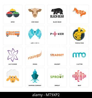 Set Of 16 simple editable icons such as beat, sprout, shipping company, , 3 letter, spice, lily flower, can be used for mobile, web UI Stock Vector