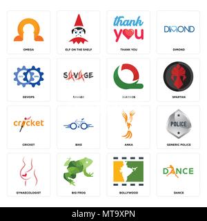 Set Of 16 simple editable icons such as dance, bollywood, big frog, gynaecologist, generic police, omega, devops, cricket, quiznos can be used for mob Stock Vector
