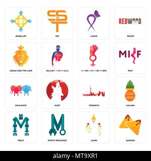 Set Of 16 simple editable icons such as samosa, laxmi, photo mechanic, mech, kalash, jewellry, judah and the lion, soulmate, women empowerment can be  Stock Vector