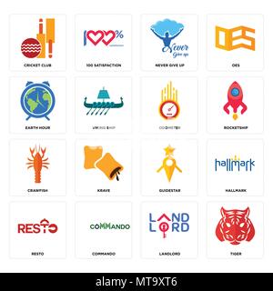 Set Of 16 simple editable icons such as tiger, landlord, commando, resto, hallmark, cricket club, earth hour, crawfish, odometer can be used for mobil Stock Vector