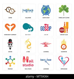 Set Of 16 simple editable icons such as orphanage, lacrosse, nail studio, peoples, odometer, cofee, handicraft company, mister, gossip can be used for Stock Vector