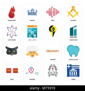 Set Of 16 simple editable icons such as greek, , nursing, turn, dental clinic, blood drop, lily flower, can be used for mobile, web UI Stock Vector