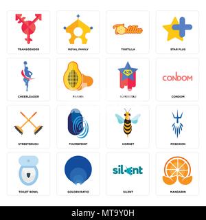 Set Of 16 simple editable icons such as mandarin, silent, golden ratio, toilet bowl, poseidon, transgender, cheerleader, streetbrush, superstar can be Stock Vector