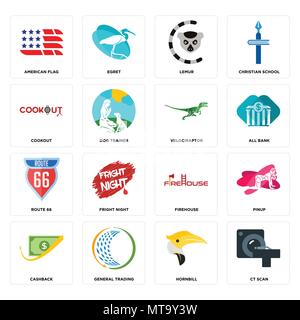 Set Of 16 simple editable icons such as ct scan, hornbill, general trading, cashback, pinup, american flag, cookout, route 66, velociraptor can be use Stock Vector