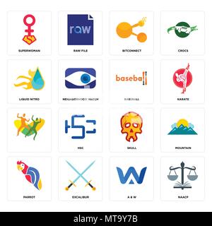 Set Of 16 simple editable icons such as naacp, a & w, excalibur, parrot, mountain, superwoman, liquid nitro, , baseball can be used for mobile, web UI Stock Vector