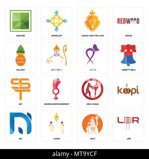 Set Of 16 simple editable icons such as ldr, shiv, laxmi, na, , sqaure, kalash, sst, lupus can be used for mobile, web UI Stock Vector