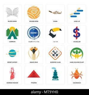 Set Of 16 simple editable icons such as cockroach, , pyramid, womens fashion, hand holding plant, silver wings, campsite, import export, tucan can be  Stock Vector