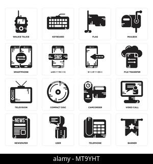Set Of 16 simple editable icons such as Banner, Telephone, User, Newspaper, Video call, Walkie talkie, Smartphone, Television, Smartphone can be used  Stock Vector