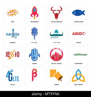 Set Of 16 simple editable icons such as holy trinity, krave, , 4g lte, commando, omg, nargile, viking ship can be used for mobile, web UI Stock Vector