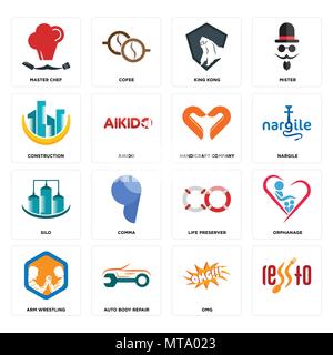 Set Of 16 simple editable icons such as, omg, auto body repair, arm wrestling, orphanage, master chef, construction, silo, handicraft company can be u Stock Vector
