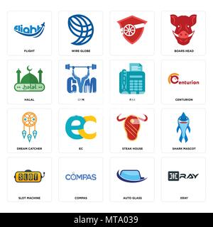 Set Of 16 simple editable icons such as xray, auto glass, compas, slot machine, shark mascot, flight, halal, dream catcher, fax can be used for mobile Stock Vector