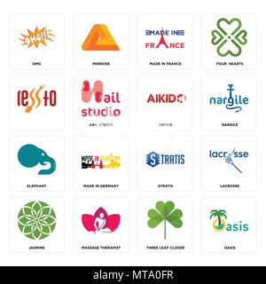 Set Of 16 simple editable icons such as oasis, three leaf clover, massage therapist, jasmine, lacrosse, omg, , elephant, aikido can be used for mobile Stock Vector