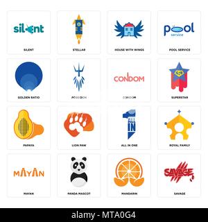 Set Of 16 simple editable icons such as savage, mandarin, panda mascot, mayan, royal family, silent, golden ratio, papaya, condom can be used for mobi Stock Vector