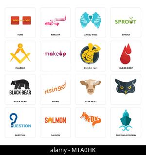 Set Of 16 simple editable icons such as shipping company, , salmon, question, turn, masonic, black bear, muscle man can be used for mobile, web UI Stock Vector