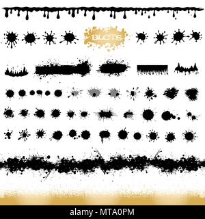 Vector set of black and white ink splash, blots and brush strokes, isolated on the white background. Series of vector splash, blots, brush strokes and Stock Vector