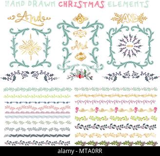 Collection of colorful hand drawn decorative doodle, vintage borders and frames, branches and dividers. Design Elements Stock Vector