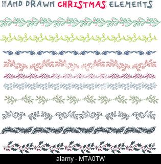 Hand drawn set of colorful wreaths, ribbons, laurel on white background. Christmas design elements Stock Vector