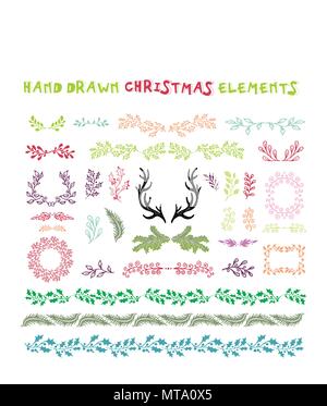 Hand drawn set of colorful wreaths, ribbons, laurel and labels on white background. Christmas design elements Stock Vector