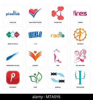 Set Of 16 simple editable icons such as psycology, gurkha, leaf, pinterest, me and mom, pixellab, made in italia, peregrine falcon, can be used for mo Stock Vector