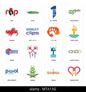 Set Of 16 simple editable icons such as senior care, sauna, quran, pool service, supply chain, rap, savage, house, lion paw can be used for mobile, we Stock Vector