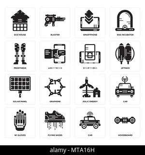 Set Of 16 simple editable icons such as Hoverboard, Car, Flying shoes, Wi gloves, Eco house, Prosthesis, Solar panel, Smartphone can be used for mobil Stock Vector