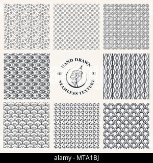Set of endless geometric patterns composed with different figures. Graphic tiles with ornamental texture can be used in textile and design. Stock Vector
