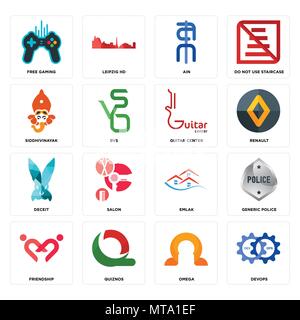 Set Of 16 simple editable icons such as devops, omega, quiznos, friendship, generic police, free gaming, siddhivinayak, deceit, guitar center can be u Stock Vector