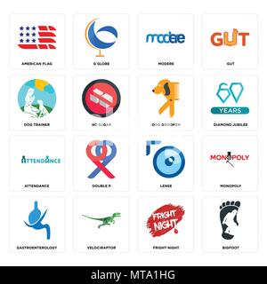 Set Of 16 simple editable icons such as bigfoot, fright night, velociraptor, gastroenterology, monopoly, american flag, dog trainer, attendance, groom Stock Vector