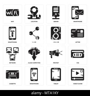 Set Of 16 simple editable icons such as Video player, Tablet, Smartphone, Cassette, Vhs, Wifi, Network, Speaker can be used for mobile, web UI Stock Vector