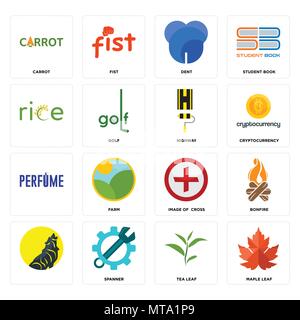Set Of 16 simple editable icons such as maple leaf, tea spanner, , bonfire, carrot, highway can be used for mobile, web UI Stock Vector