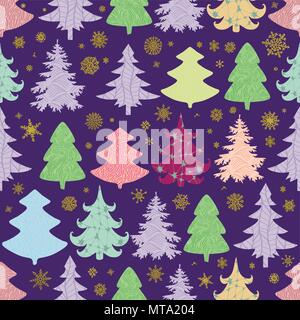 Seamless Christmas vector pattern with colorful fir-trees and snowflakes Stock Vector