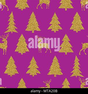Seamless Christmas vector pattern with golden fir-trees and deers Stock Vector