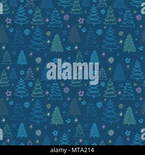 Seamless Christmas vector pattern with colorful fir-trees and stars Stock Vector