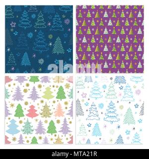 Set of Seamless Christmas vector pattern with colorful fir-trees Stock Vector