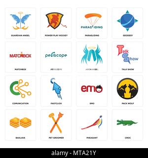 Set Of 16 simple editable icons such as croc, pheasant, pet groomer, baklava, pack wolf, guardian angel, matchbox, comunication, archangel can be used Stock Vector