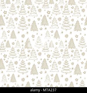 Vector seamless pattern with hand drawn Christmas trees forest, stars and snowflakes Stock Vector