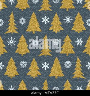 Vector Seamless Christmas patterns on black background. Stylized snowflakes and christmas trees in gold and white colors. Stock Vector