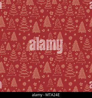 Christmas Icons Seamless Pattern with New Year Tree, Snow and Stars Stock Vector