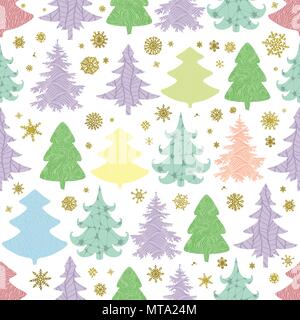 Seamless Christmas vector pattern with colorful fir-trees and snowflakes on a white background Stock Vector