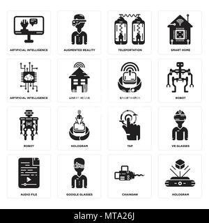 Set Of 16 simple editable icons such as Hologram, Chainsaw, Google glasses, Audio file, Vr Artificial intelligence, Robot, Smartwatch can be used for  Stock Vector