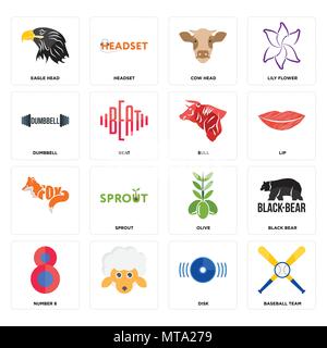 Set Of 16 simple editable icons such as baseball team, disk, , number 8, black bear, eagle head, dumbbell, bull can be used for mobile, web UI Stock Vector