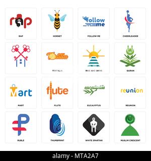 Set Of 16 simple editable icons such as muslim crescent, white spartan, thumbprint, ruble, reunion, rap, , mart, rise and shine can be used for mobile Stock Vector