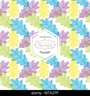 Floral seamless pattern with autumn grunge blue, orange, green, pink tree leaves on white background. Maple, Elm, Oak, Aspen textured leaves. Stock Vector