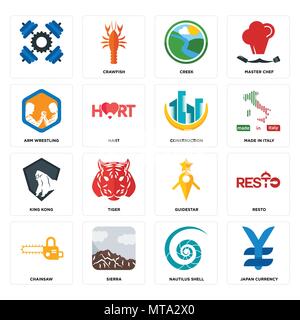 Set Of 16 simple editable icons such as japan currency, nautilus shell, sierra, chainsaw, resto, , arm wrestling, king kong, construction can be used  Stock Vector